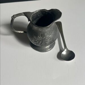 Antique-Style Pewter Creamer Pitcher with Spoon - Silver Tone
